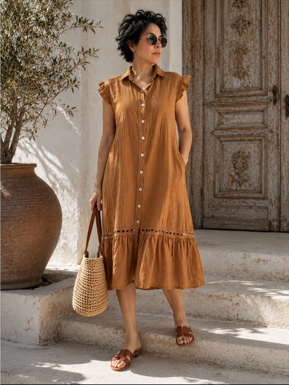 Meo Meli Italian Linen Dress M/L Camel Button Front Eyelet Trim Lagenlook Boho